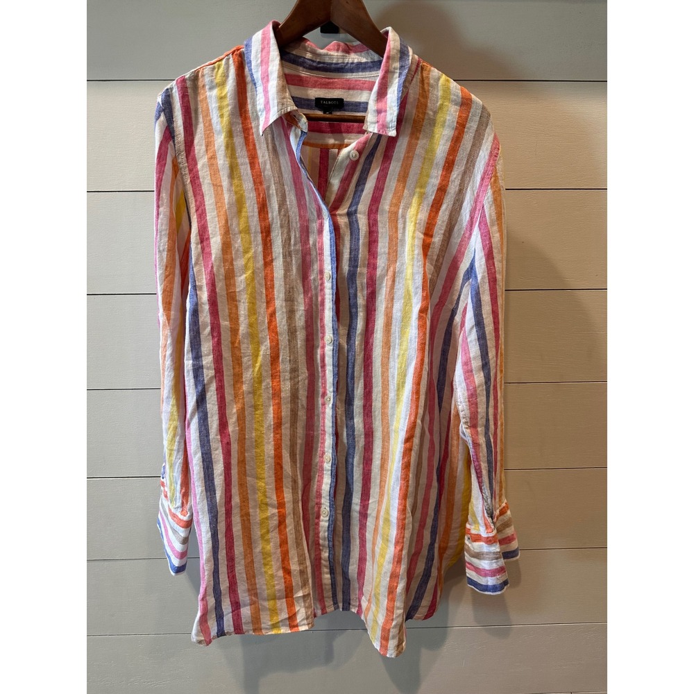 Talbots XL Linen Button Down Shirt Multi Color Vertical Stripe Long Sleeve Top